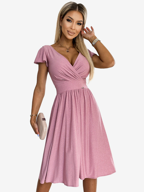 numoco Šaty s výstrihom a krátkymi rukávmi - púdrovo ružové s trblietkami Numoco MATILDE