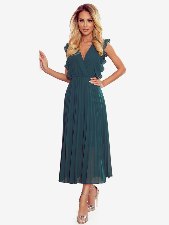 numoco Plisované šaty s volánmi a výstrihom - zelené Numoco EMILY