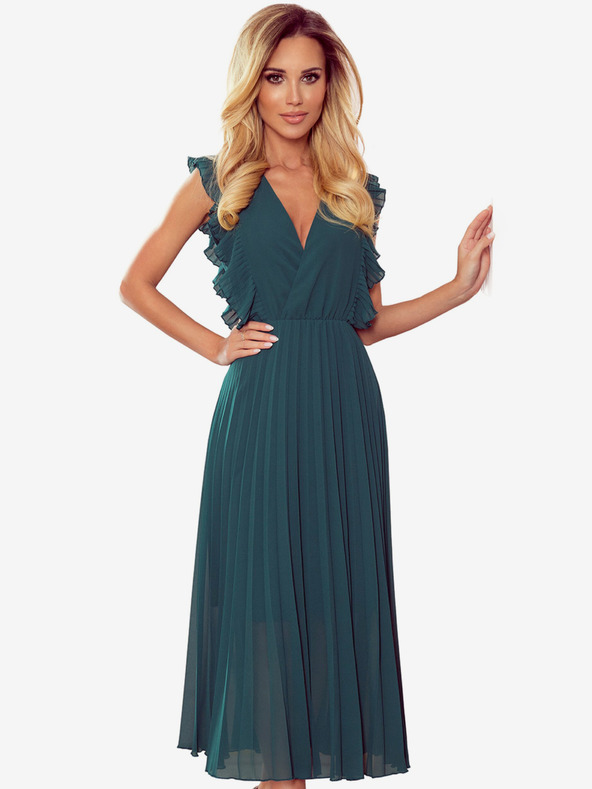 numoco Plisované šaty s volánmi a výstrihom - zelené Numoco EMILY