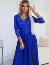 numoco Elegantné čipkované dlhé šaty so srdiečkovým výstrihom - modré Numoco AMBER