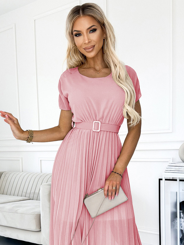 numoco Plisované midi šaty so širokým opaskom - špinavoružové Numoco MIA