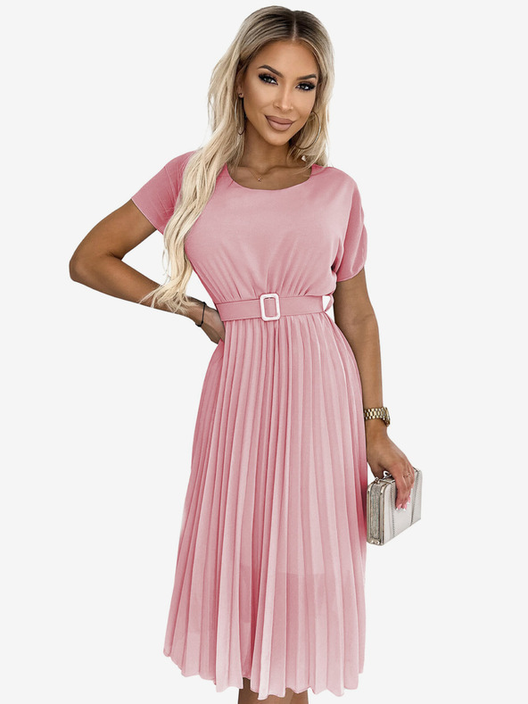 numoco Plisované midi šaty so širokým opaskom - špinavoružové Numoco MIA