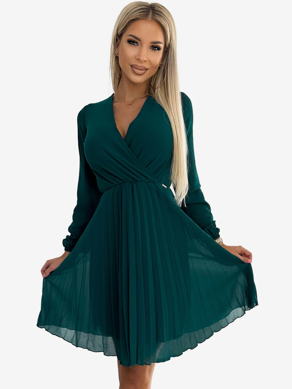 numoco Plisované šifónové šaty s výstrihom - zelené Numoco ISABELLE