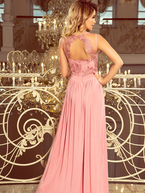 numoco Dlhé šaty s vyšívaným výstrihom - ružové Numoco LEA