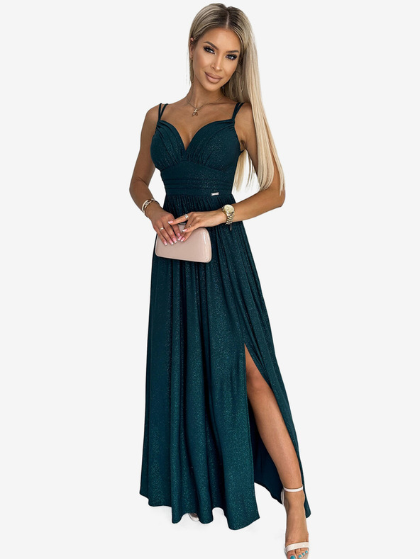 numoco Brokátové dlhé šaty bez ramienok - zelené Numoco JOVITE