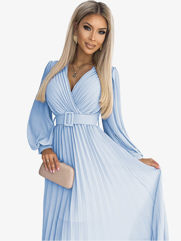 numoco Šaty s opaskovým výstrihom - svetlomodré Numoco KLARA