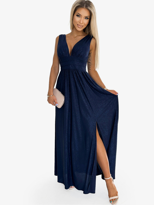 numoco Dlhé brokátové šaty s výstrihom a prešívaním v páse - tmavomodré Numoco SUSAN