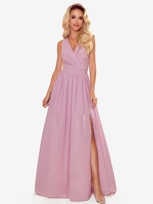 numoco Dlhé šaty s výstrihom a viazaním - špinavo ružové Numoco JUSTINE