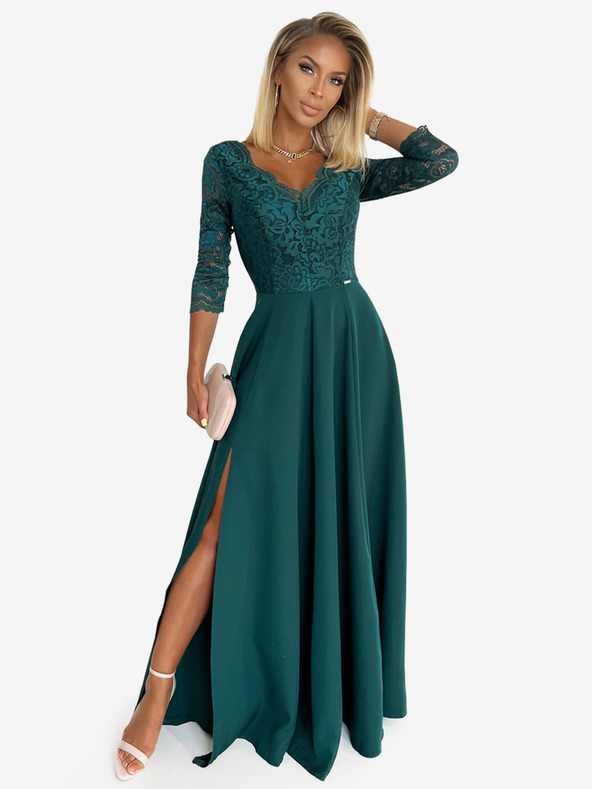 numoco Elegantné čipkované dlhé šaty s výstrihom - zelené Numoco AMBER