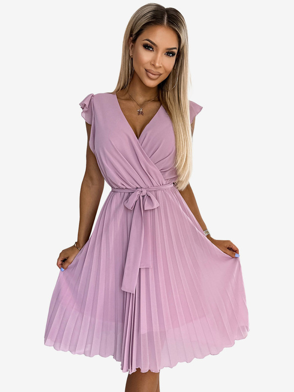 numoco Plisované šaty s výstrihom a volánmi - špinavoružové Numoco POLINA