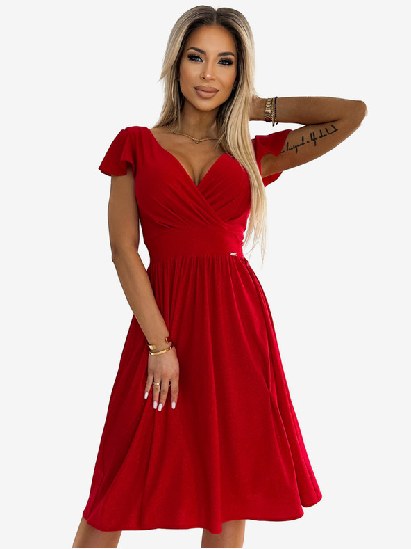 numoco Šaty s výstrihom a krátkymi rukávmi - červené s trblietkami Numoco MATILDE