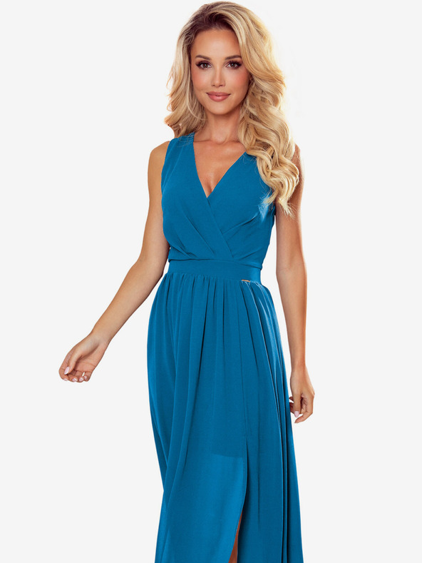 numoco Dlhé šaty s výstrihom a viazaním - modré Numoco JUSTINE