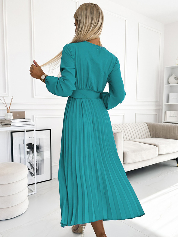 numoco Plisované midi šaty s výstrihom, dlhými rukávmi a širokým opaskom - morská farba Numoco VIVIANA