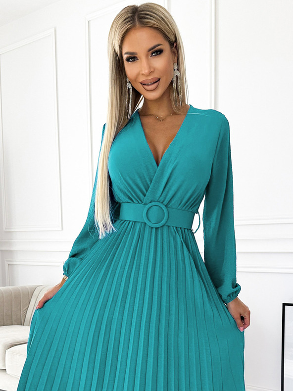 numoco Plisované midi šaty s výstrihom, dlhými rukávmi a širokým opaskom - morská farba Numoco VIVIANA