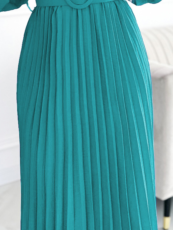 numoco Plisované midi šaty s výstrihom, dlhými rukávmi a širokým opaskom - morská farba Numoco VIVIANA