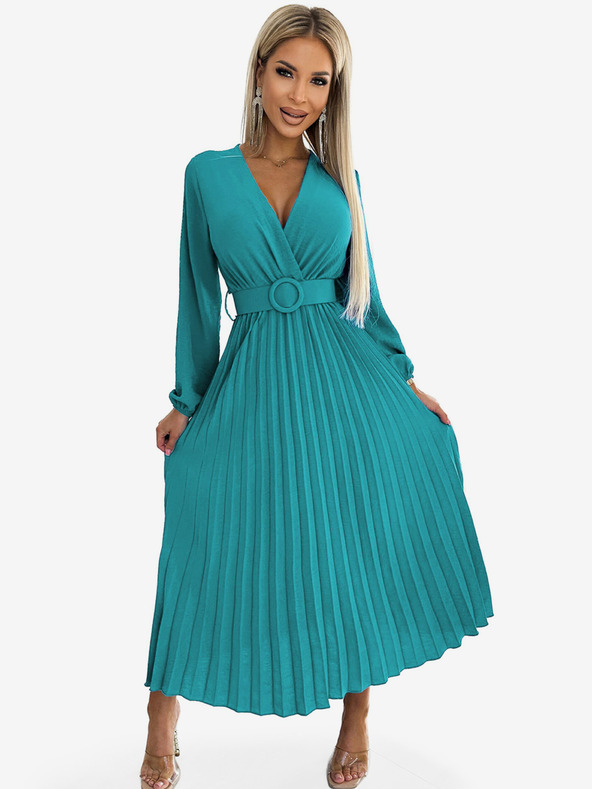 numoco Plisované midi šaty s výstrihom, dlhými rukávmi a širokým opaskom - morská farba Numoco VIVIANA