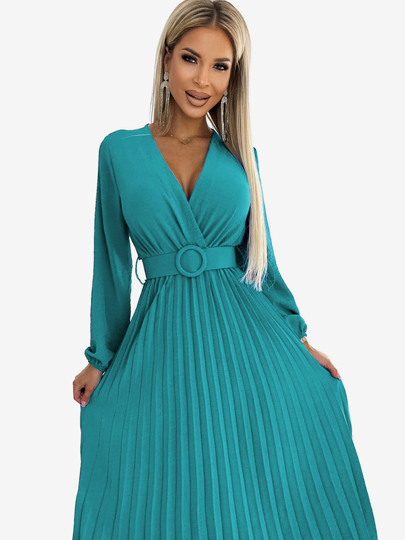 numoco Plisované midi šaty s výstrihom, dlhými rukávmi a širokým opaskom - morská farba Numoco VIVIANA