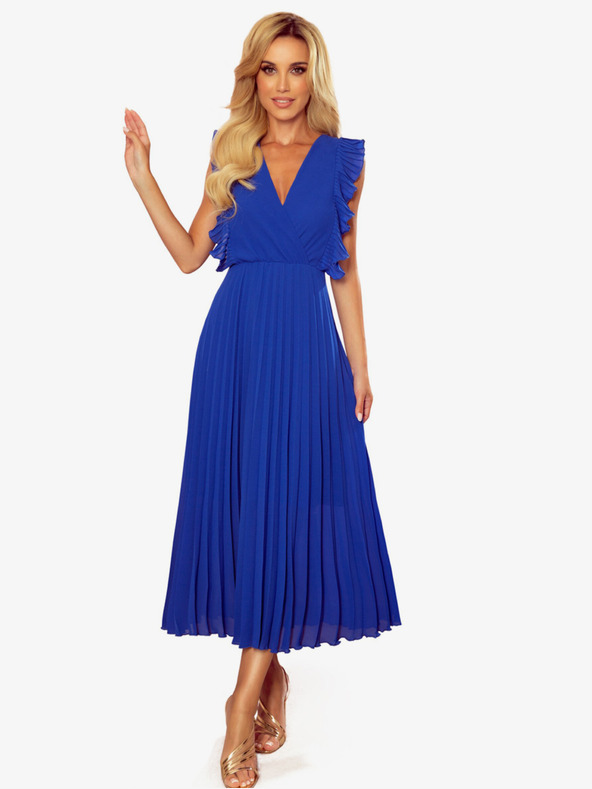 numoco Plisované šaty s volánmi a výstrihom - modré Numoco EMILY