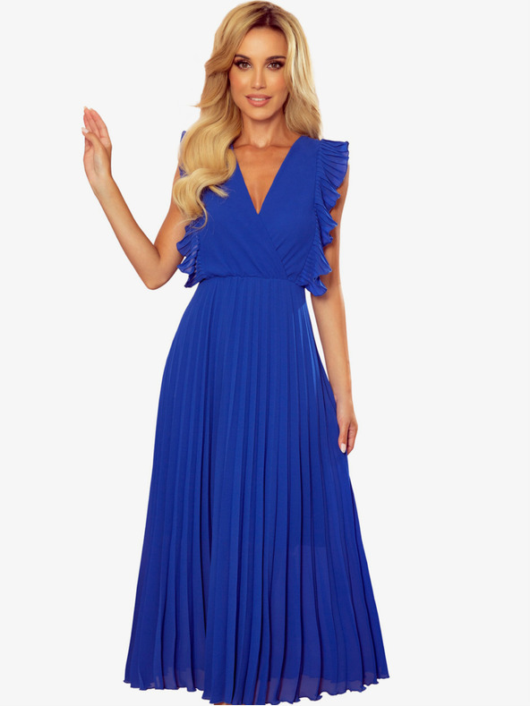 numoco Plisované šaty s volánmi a výstrihom - modré Numoco EMILY