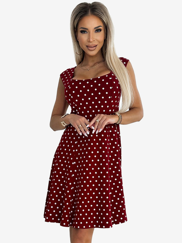 numoco Bavlnené šaty s diamantovým výstrihom - bordové s bodkami Numoco STELLA