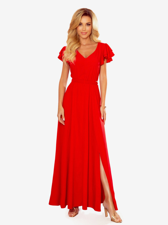 numoco Dlhé šaty s výstrihom a volánmi - červené Numoco LIDIA