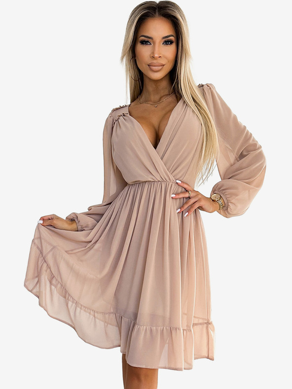 numoco Šifónové midi šaty s dlhými rukávmi a výstrihom - béžové Numoco MILA