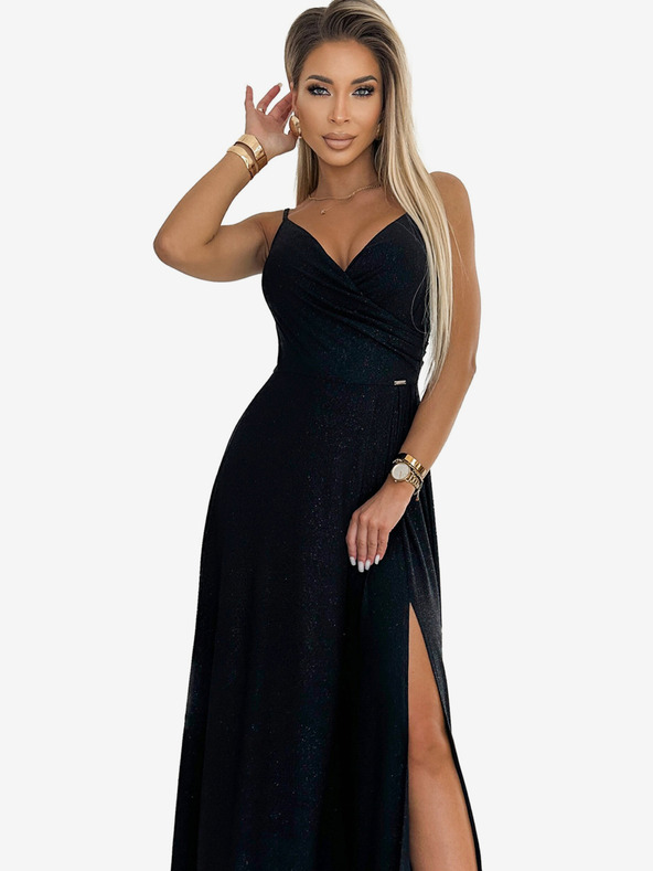 numoco Elegantné maxi šaty bez ramienok - čierne s trblietkami Numoco CHIARA