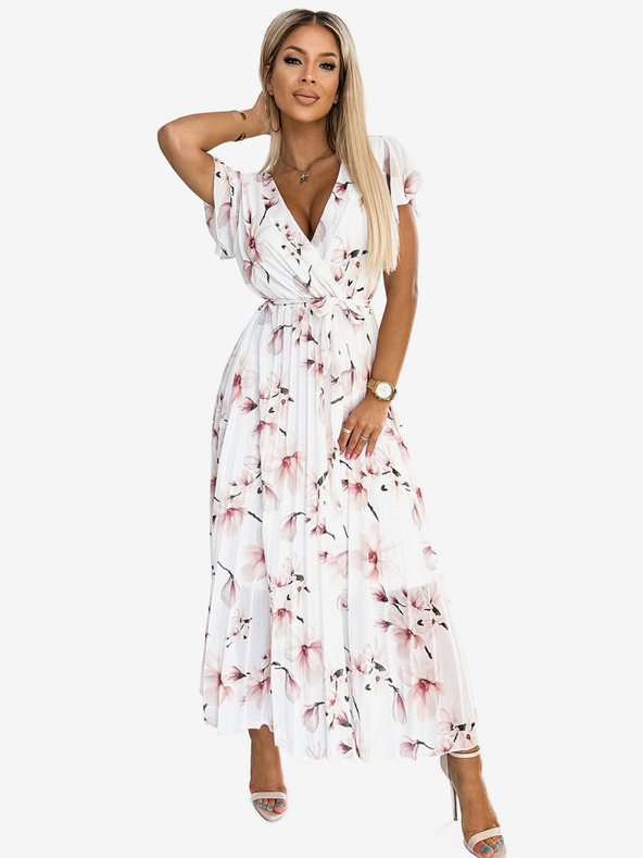 numoco Plisované midi šaty s výstrihom a volánmi - broskyňový kvet na bielom podklade Numoco LISA