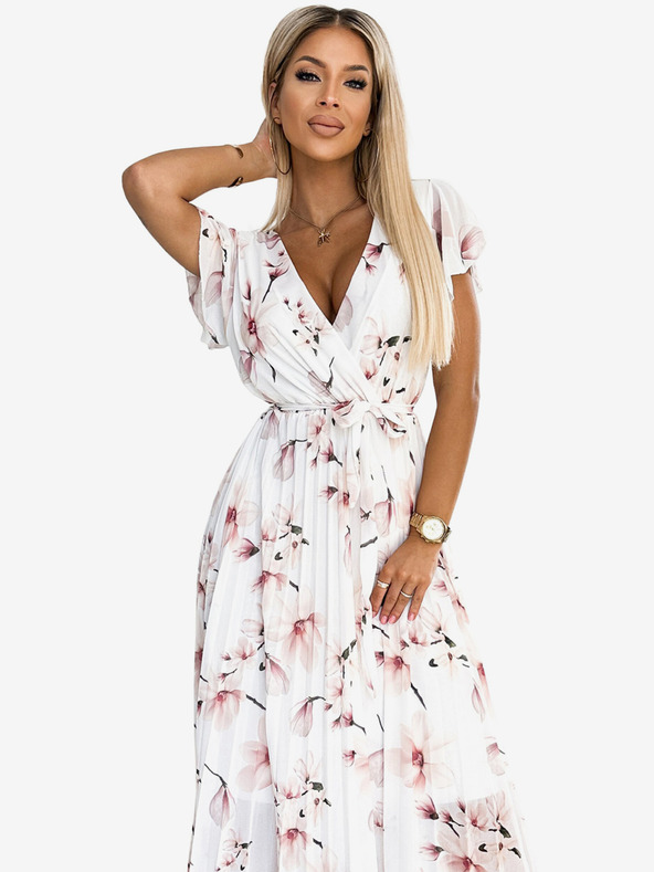 numoco Plisované midi šaty s výstrihom a volánmi - broskyňový kvet na bielom podklade Numoco LISA