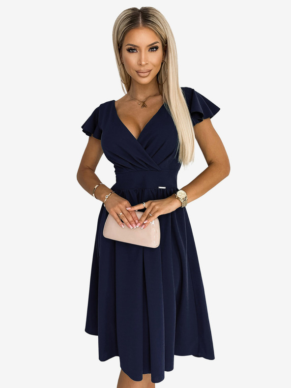 numoco Šaty so srdiečkovým výstrihom a krátkymi rukávmi - tmavomodré Numoco MATILDE