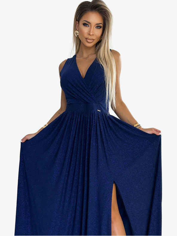 numoco Dlhé šaty s výstrihom a viazaním na chrbte - tmavomodré s leskom Numoco JUSTINE