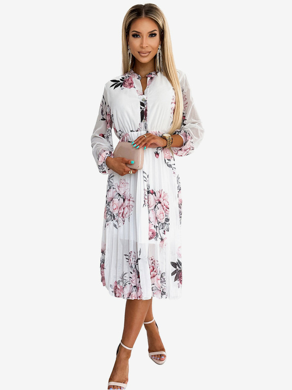 numoco Plisované midi šaty s gombíkmi a dlhými rukávmi - ruža na bielom pozadí Numoco CARLA