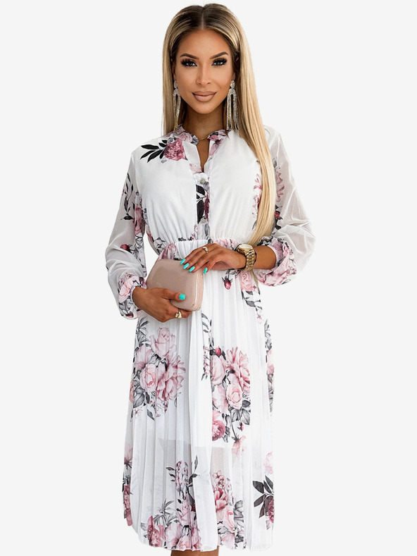 numoco Plisované midi šaty s gombíkmi a dlhými rukávmi - ruža na bielom pozadí Numoco CARLA