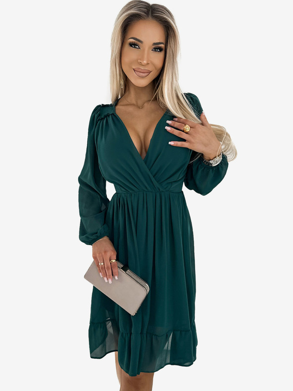 numoco Šifónové midi šaty s dlhými rukávmi a výstrihom - zelené Numoco MILA