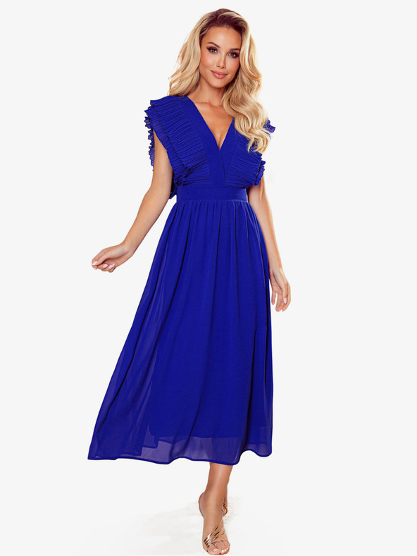 numoco Midi šaty s volánom a výstrihom - modré Numoco YANA