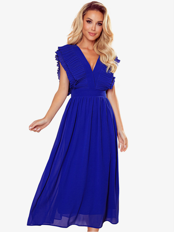 numoco Midi šaty s volánom a výstrihom - modré Numoco YANA