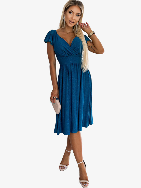 numoco Šaty s krátkym rukávom, výstrihom a krátkymi rukávmi - tmavomodré s trblietkami Numoco MATILDE