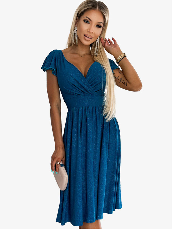 numoco Šaty s krátkym rukávom, výstrihom a krátkymi rukávmi - tmavomodré s trblietkami Numoco MATILDE