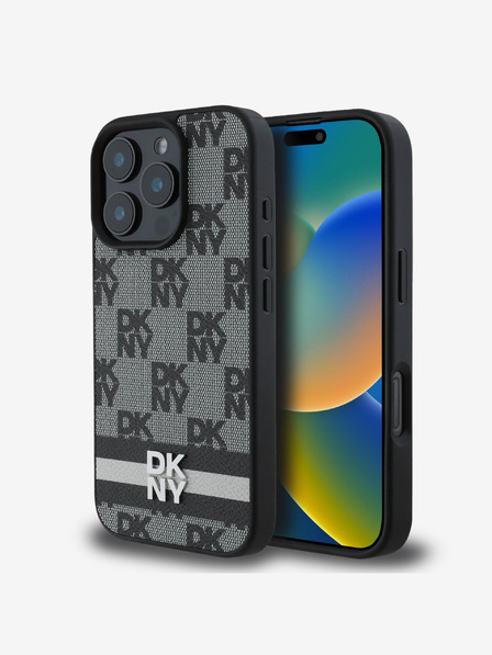 DKNY DKNY PU kožený károvaný vzor a pruhovaný zadný kryt pre iPhone 16 Pro čierny