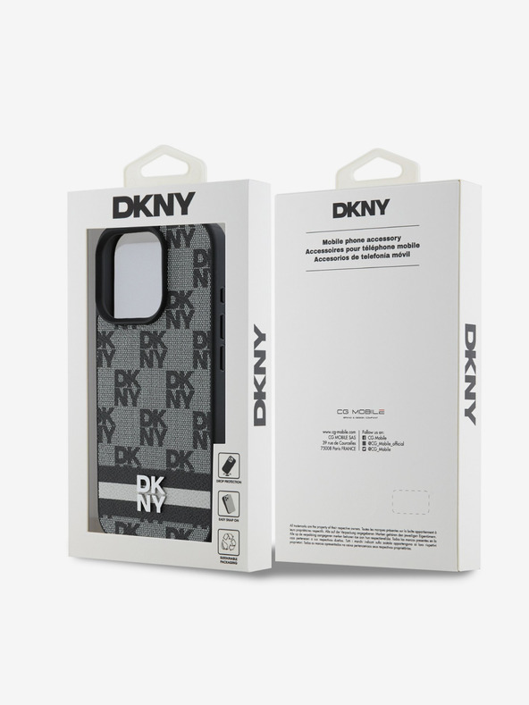 DKNY DKNY PU kožený károvaný vzor a pruhovaný zadný kryt pre iPhone 16 Pro čierny