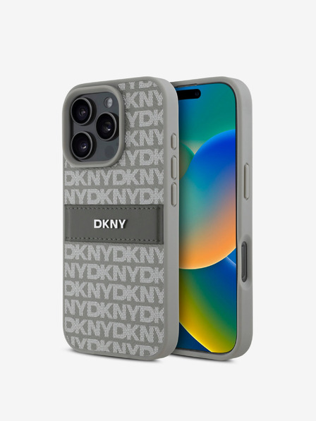 DKNY DKNY PU kožený zadný kryt s opakujúcim sa vzorom s tonálnym pruhom pre iPhone 16 Pro Max béžový