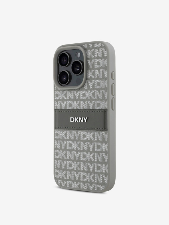 DKNY DKNY PU kožený zadný kryt s opakujúcim sa vzorom s tonálnym pruhom pre iPhone 16 Pro Max béžový