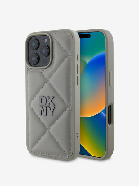 DKNY DKNY PU kožený prešívaný zadný kryt s logom Stack pre iPhone 16 Pro Max sivý