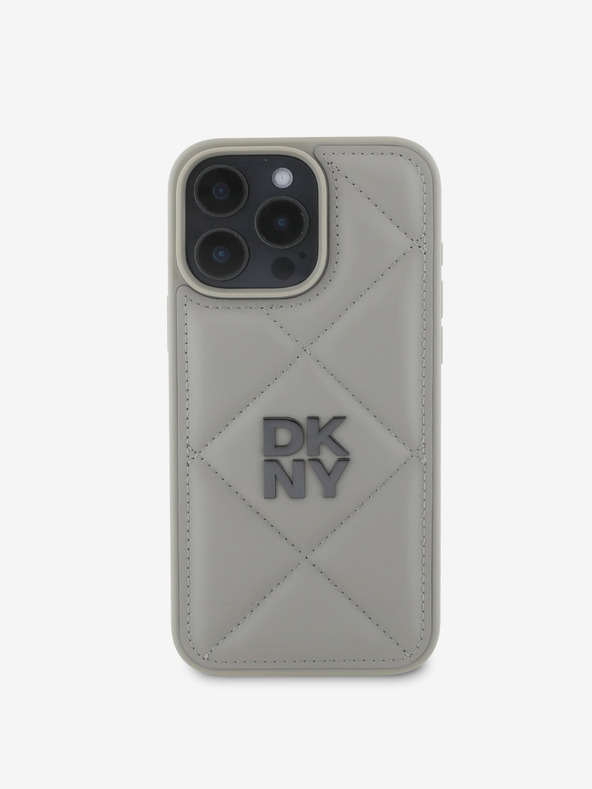 DKNY DKNY PU kožený prešívaný zadný kryt s logom Stack pre iPhone 16 Pro Max sivý