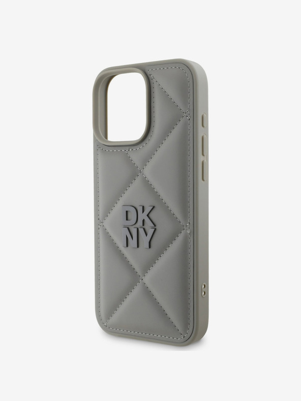 DKNY DKNY PU kožený prešívaný zadný kryt s logom Stack pre iPhone 16 Pro Max sivý
