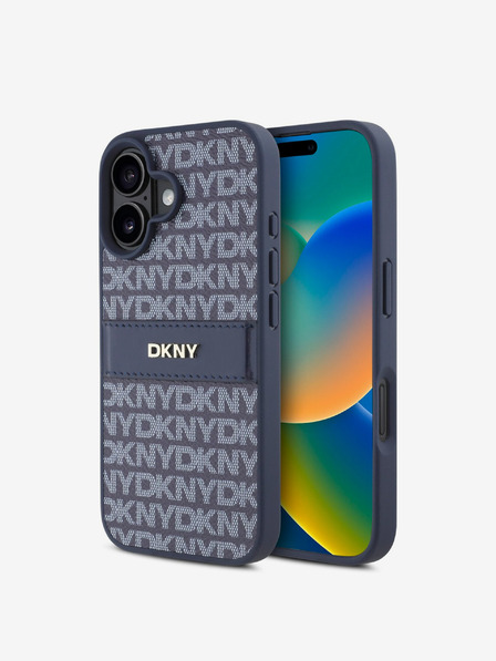 DKNY DKNY PU kožený zadný kryt s opakujúcim sa vzorom s tonálnym pruhom pre iPhone 16 modrý