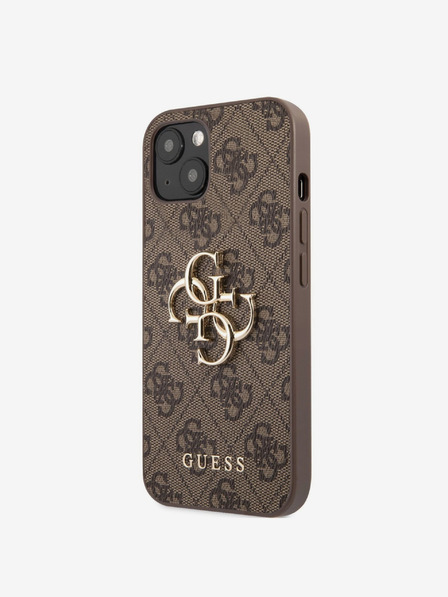 Guess Guess PU 4G Kovový zadný kryt s logom pre iPhone 13 hnedý