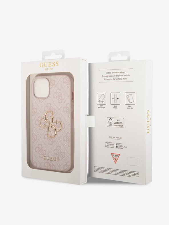 Guess PU 4G Metal Logo Zadní Kryt pro iPhone 15 Pink Obal na telefón