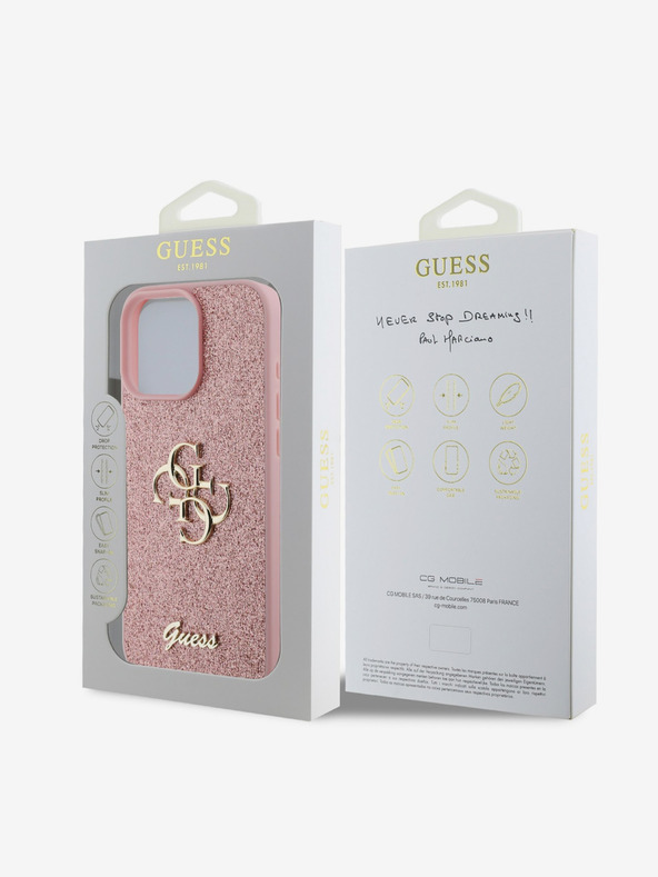 Guess Guess PU Pevný zadný kryt s kovovým logom 4G Glitter pre iPhone 16 Pro Max ružový