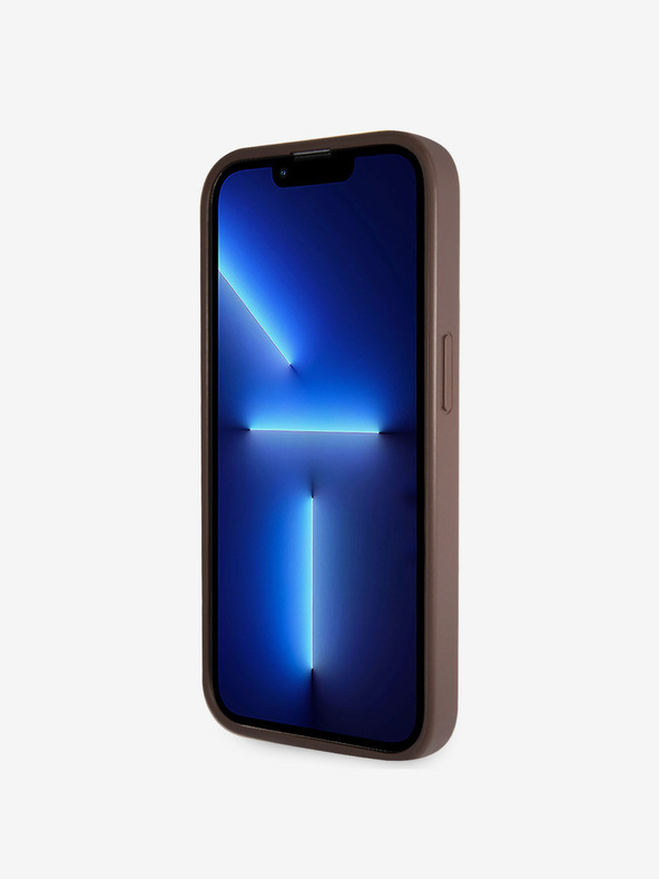 Guess Guess PU 4G štrasové trojuholníkové kovové logo zadný kryt pre iPhone 15 Pro hnedý